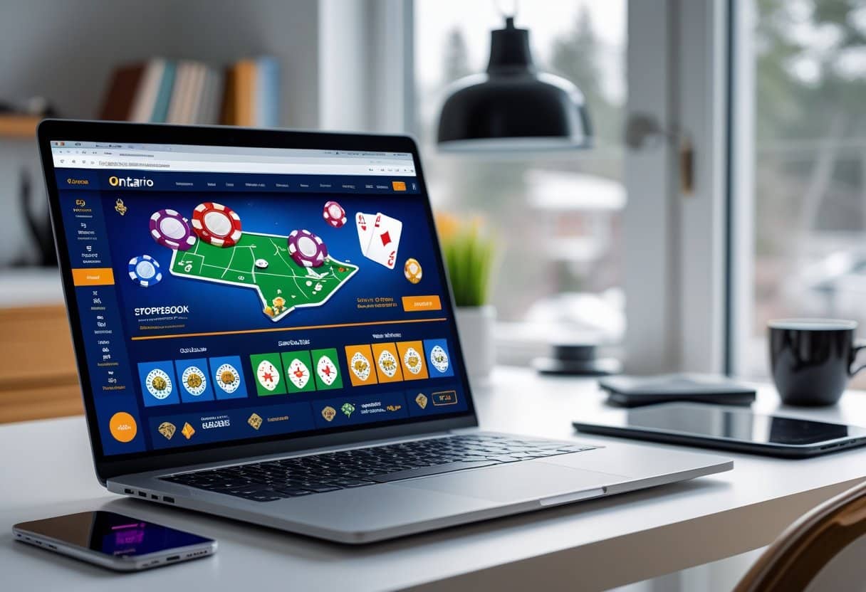 A laptop on a desk displays an Ontario Online Gambling website with poker chips, cards, casino games, and sportsbooks. The scene is set in a bright room with a window, lamp, phone, and notebook nearby. - Poker Training Videos and Poker Coaching A modern home office with a laptop showing an online sportsbook and casino interface, a map of Ontario in the background, and a smartphone on the desk.