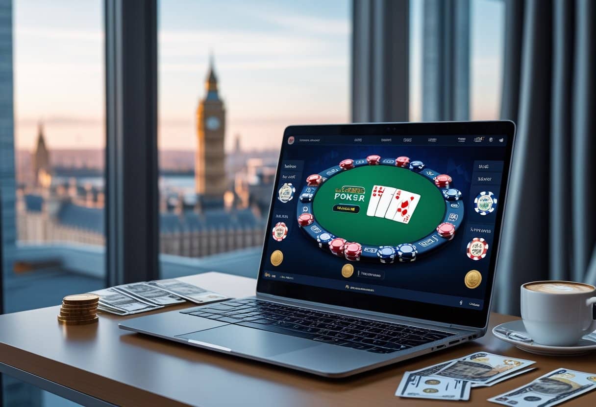 A laptop on a desk shows a UK online poker game, with poker chips, cards, and virtual players on screen. Cash, a coffee cup, and coins are on the desk. Big Ben is visible through the window in the background. - Poker Training Videos and Poker Coaching A home office desk with a laptop showing an online poker game, UK currency nearby, and a city view through a window in the background.