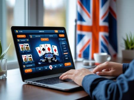 A person enjoys UK online poker on a laptop at a desk, with a large British flag in the background and potted plants nearby.