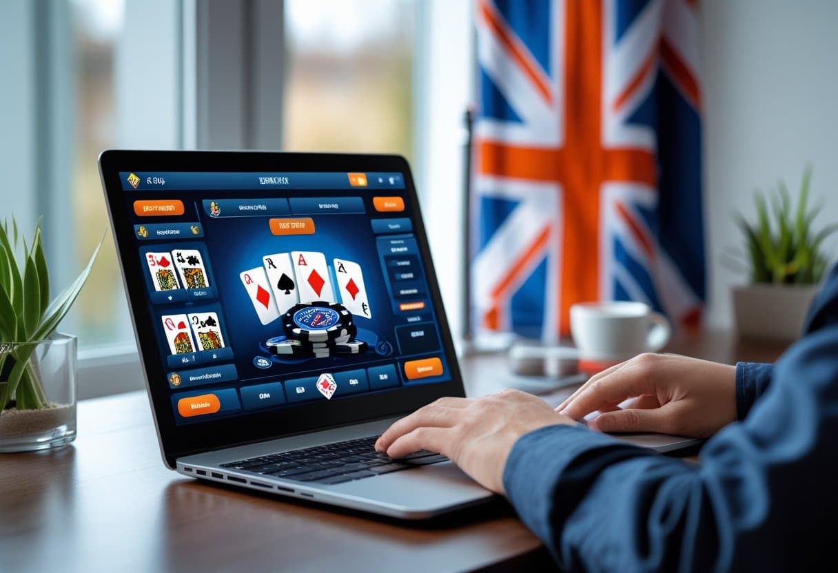 A person enjoys UK online poker on a laptop at a desk, with a large British flag in the background and potted plants nearby. - Poker Training Videos and Poker Coaching A laptop on a desk showing an online poker game with poker chips and a British flag nearby in a bright home office.