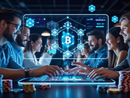 A group of people play poker at a table, surrounded by casino chips, with a large transparent digital screen displaying a Bitcoin symbol and blockchain graphics, highlighting secure gaming technology in cryptocurrency gaming.