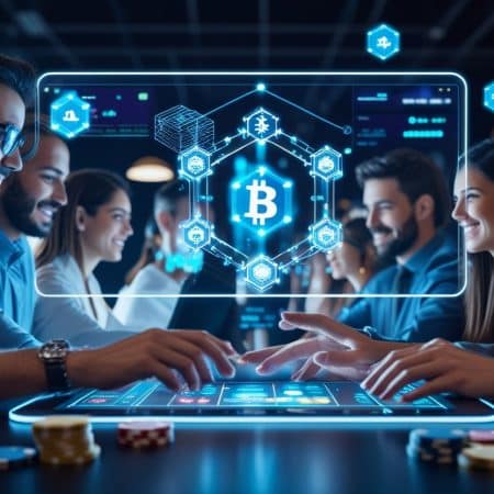 A group of people play poker at a table, surrounded by casino chips, with a large transparent digital screen displaying a Bitcoin symbol and blockchain graphics, highlighting secure gaming technology in cryptocurrency gaming.