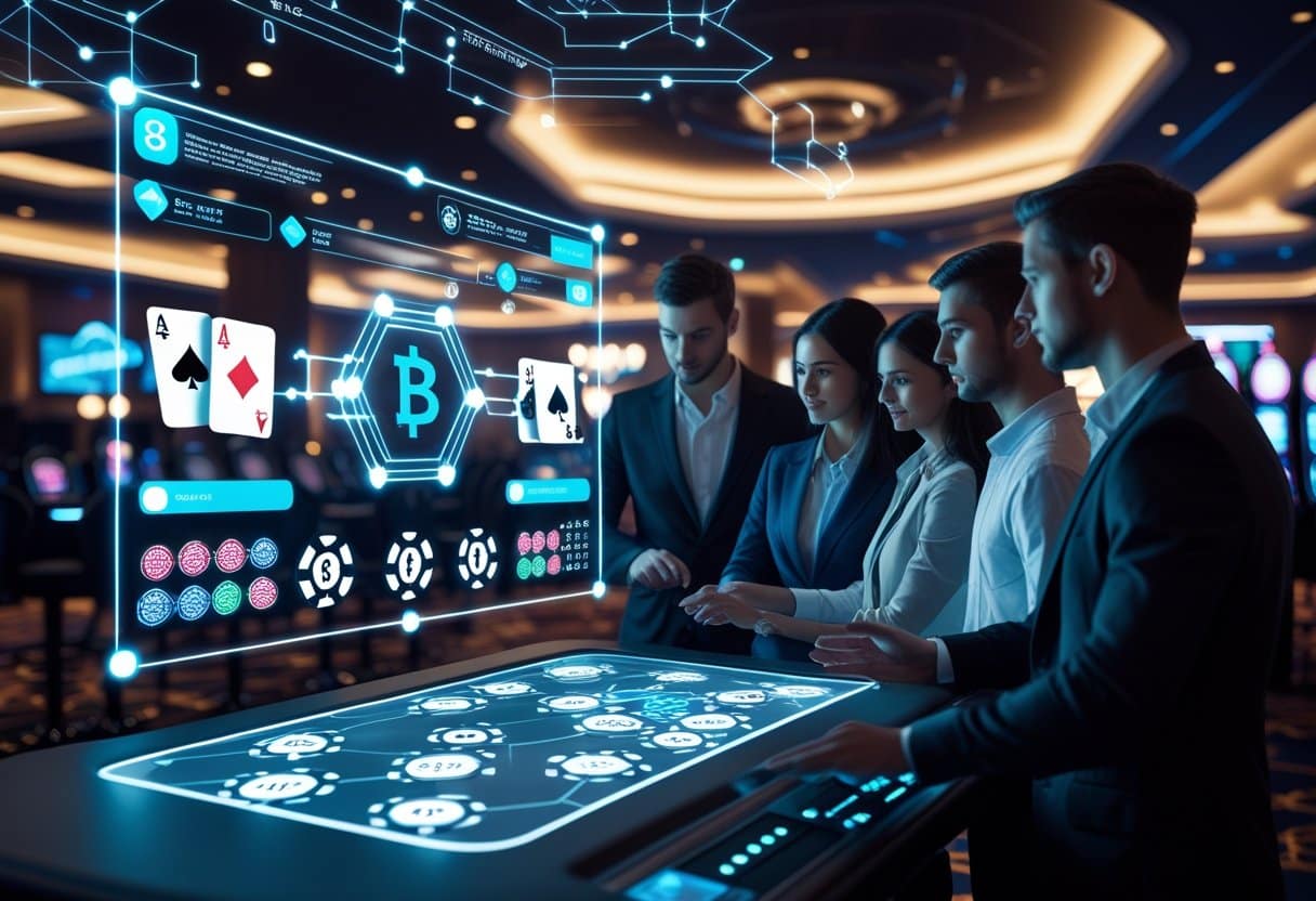 A group of people interacting with a futuristic holographic casino interface displaying playing cards, poker chips, and blockchain symbols in a modern casino setting.