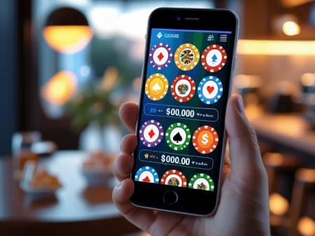 A person holds a smartphone displaying a colorful real money online casino app with poker chips, cards, and dollar amounts, set in a warmly lit indoor environment.