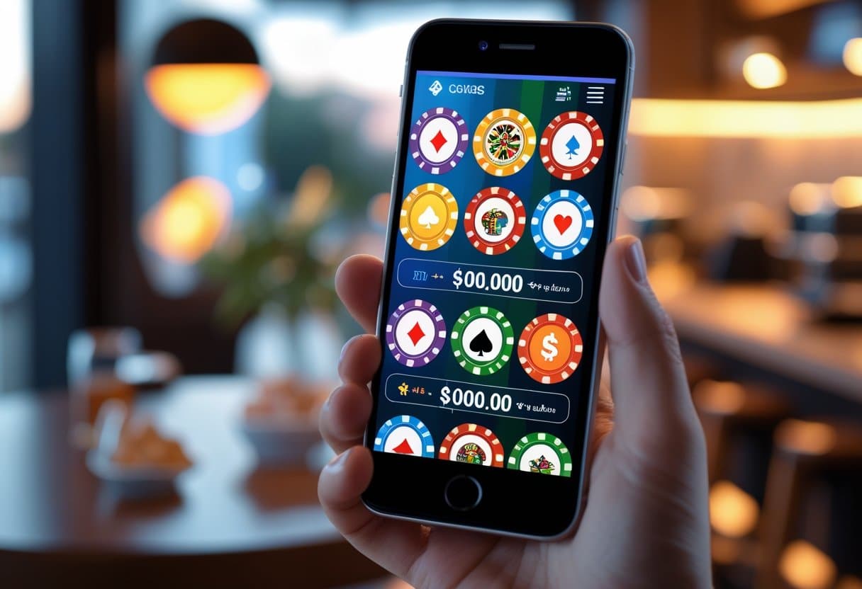 A person holds a smartphone displaying a colorful real money online casino app with poker chips, cards, and dollar amounts, set in a warmly lit indoor environment. - Poker Training Videos and Poker Coaching A person holding a smartphone showing colorful casino game icons in a blurred indoor setting.