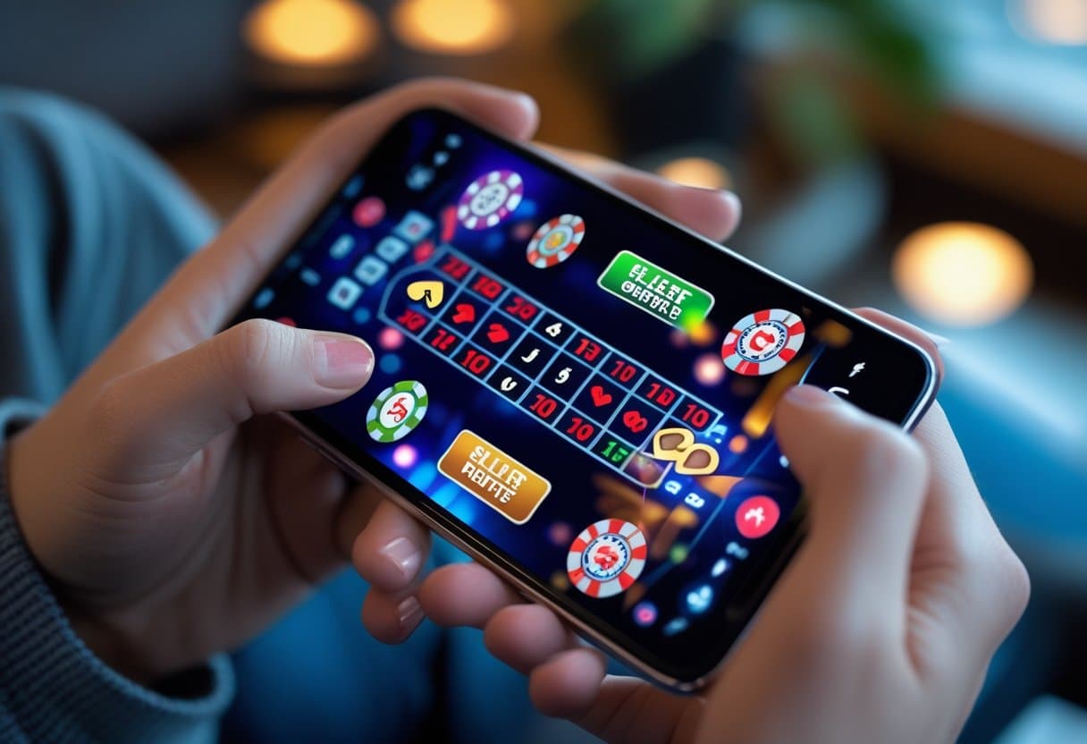 A person holds a smartphone displaying a virtual roulette game on one of the top platforms, with colorful chips and betting options, set against a blurred background with warm lighting. - Poker Training Videos and Poker Coaching Close-up of hands holding a smartphone showing a colorful mobile gambling app interface with poker chips, cards, and slot machine icons in a cozy indoor setting.