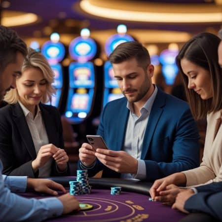 Five people in business attire sit around a casino poker table, with poker chips stacked in front of them. One man checks his smartphone while others focus on the game, highlighting the importance of responsible gambling and setting limits. Slot machines glow in the blurred background.