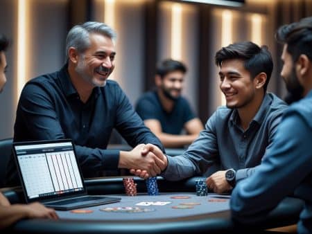 A group of men sit around a poker table, two of them smiling and shaking hands—celebrating their success stories—with poker chips, cards, and a laptop displaying a chart in the foreground.