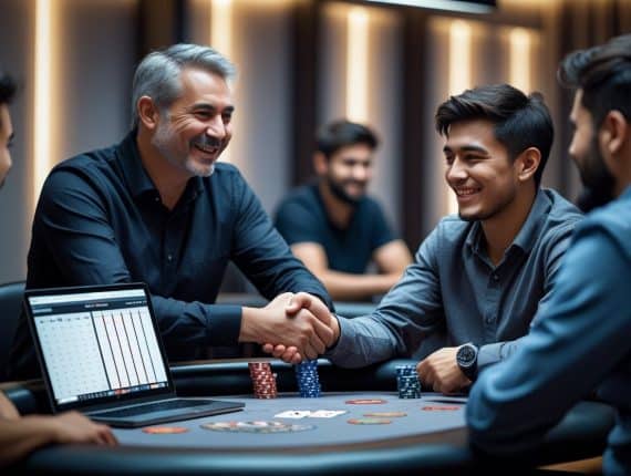 A group of men sit around a poker table, two of them smiling and shaking hands—celebrating their success stories—with poker chips, cards, and a laptop displaying a chart in the foreground.