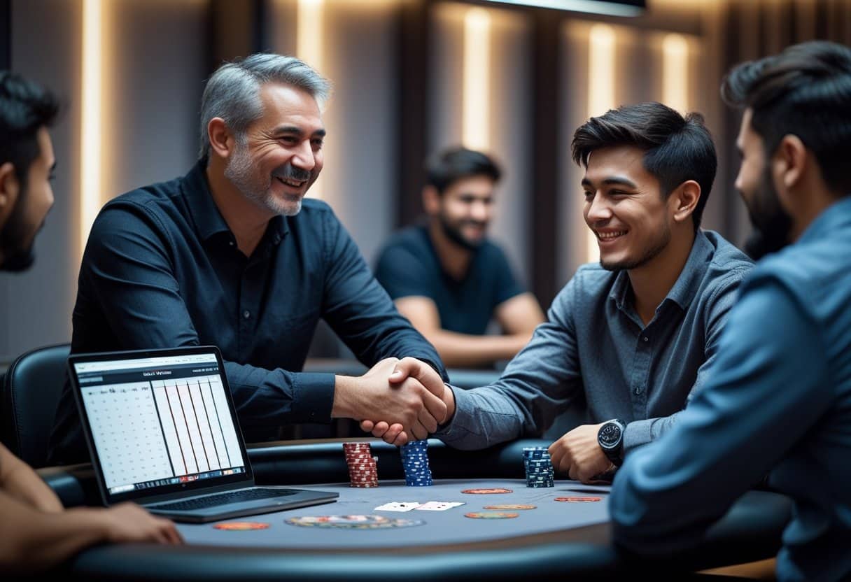 A group of men sit around a poker table, two of them smiling and shaking hands—celebrating their success stories—with poker chips, cards, and a laptop displaying a chart in the foreground. - Poker Training Videos and Poker Coaching Three poker players in a poker room, one shaking hands with another over a table with cards and chips, showing a moment of success.