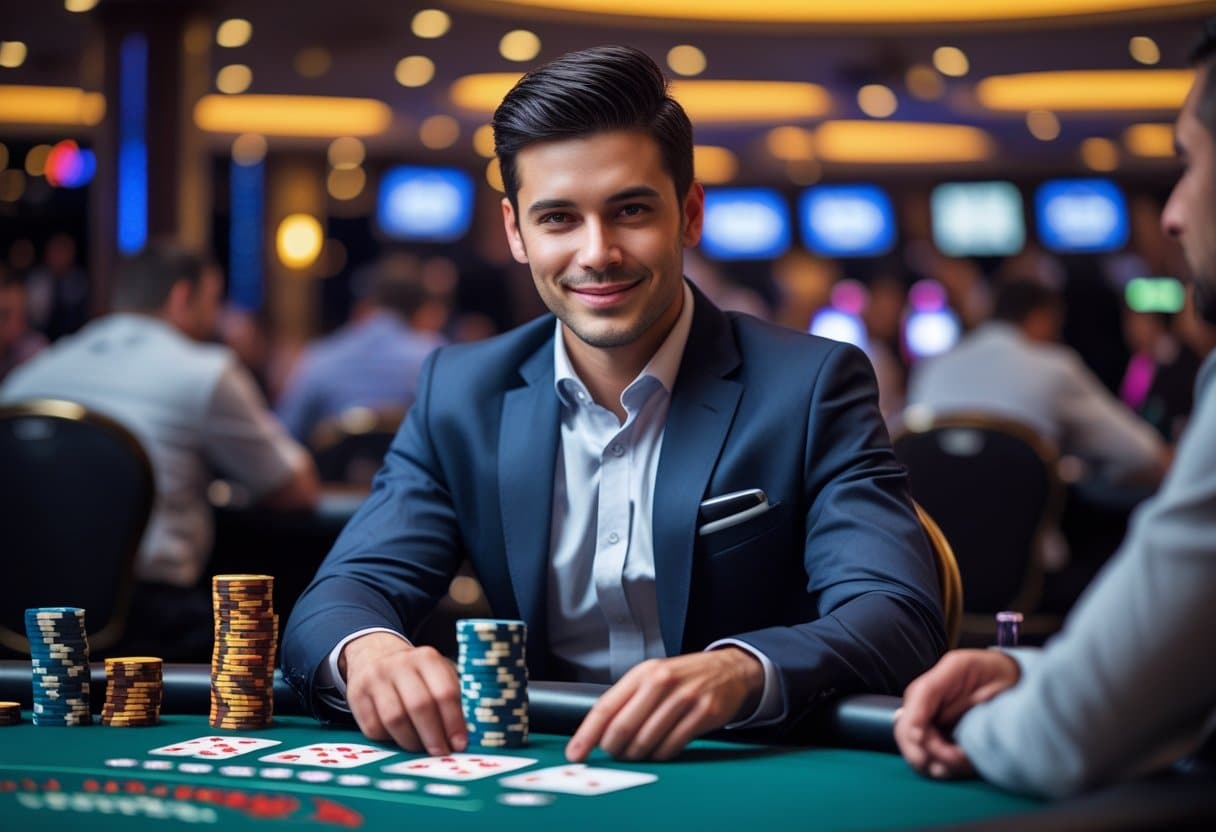 A confident man in a suit sits at a poker table holding cards and poker chips in a casino, showing success and focus.