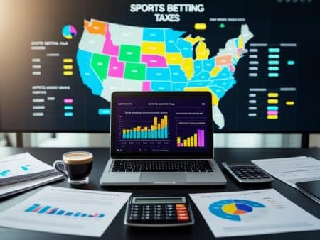 A laptop on a desk displays 2025 sports betting tax charts, surrounded by documents, calculators, a coffee cup, and a smartphone. In the background, a large U.S. map highlights state-by-state guide data in vibrant colors.