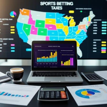 A laptop on a desk displays 2025 sports betting tax charts, surrounded by documents, calculators, a coffee cup, and a smartphone. In the background, a large U.S. map highlights state-by-state guide data in vibrant colors.