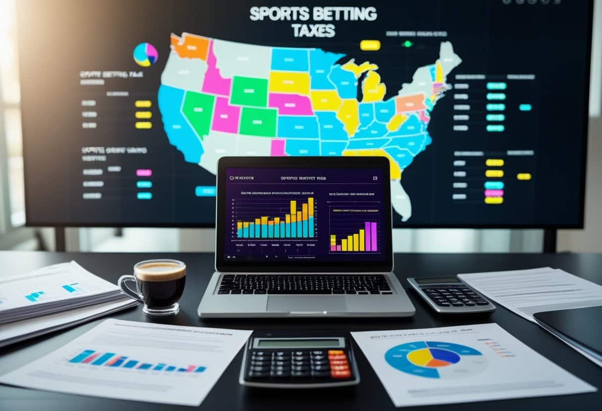 A workspace with a laptop showing colorful charts, a calculator, documents, and a digital map of the United States highlighting different states.