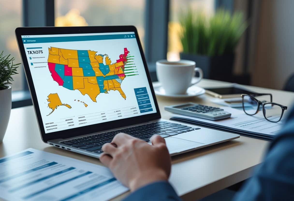 A desk with a laptop showing a US map, financial documents, calculator, eyeglasses, coffee cup, and smartphone, representing sports betting taxes and financial planning.