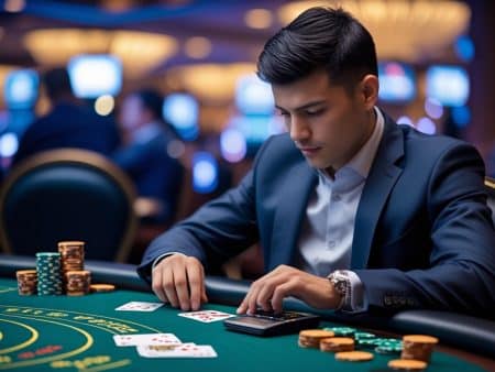 A man in a suit sits at a casino table, focused on his cards and poker chips, making profitable poker decisions as he studies his stack, with slot machines and lights blurred in the background.
