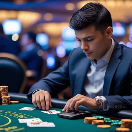 A man in a suit sits at a casino table, focused on his cards and poker chips, making profitable poker decisions as he studies his stack, with slot machines and lights blurred in the background.