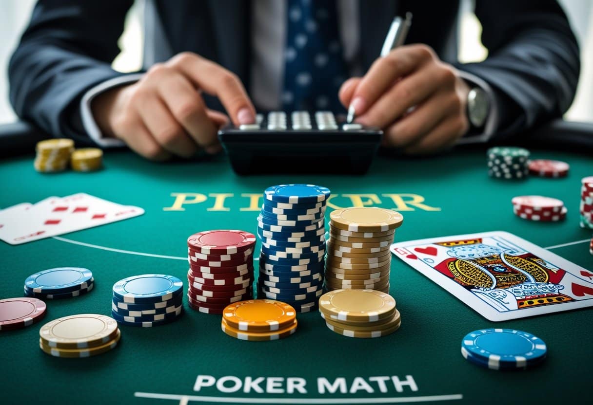 Close-up of a poker table with chips, playing cards, and hands using a calculator and writing notes.