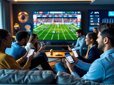 A group of friends sit on couches, chatting and watching a live-streaming football game on a large TV in a modern living room. Several have sports betting apps open on their phones for real-time wagering as the action unfolds.