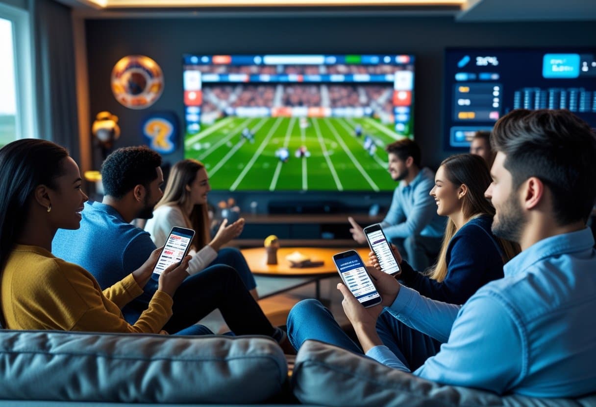 People watching a live sports game on TV while using smartphones and tablets to place bets and check odds.
