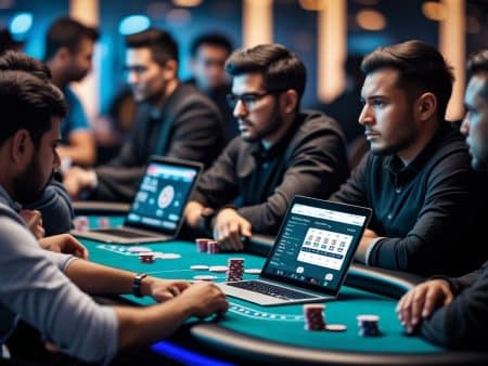 A group of men sit around a casino table playing poker, each with stacks of chips and open laptops displaying online poker interfaces, in a dimly lit, lively setting.