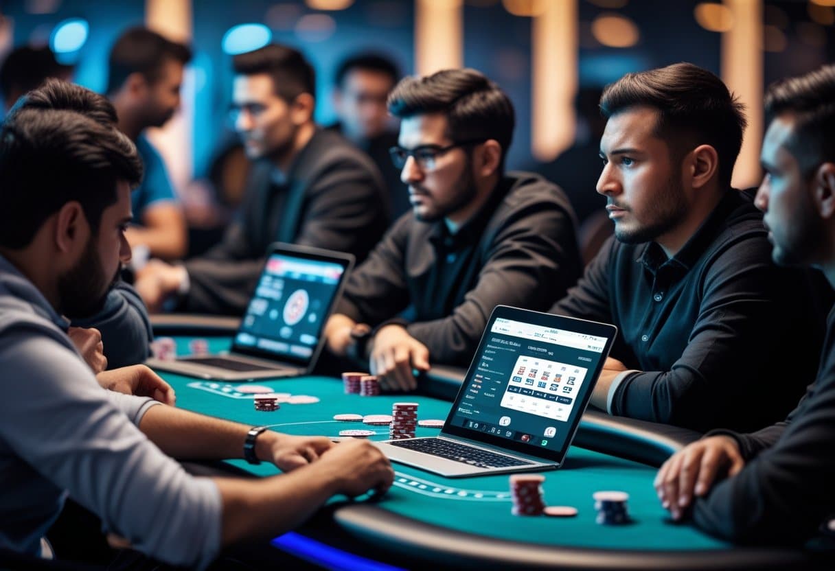 A group of people playing online poker around a table, with one player closely observing another, showing concentration and strategy.