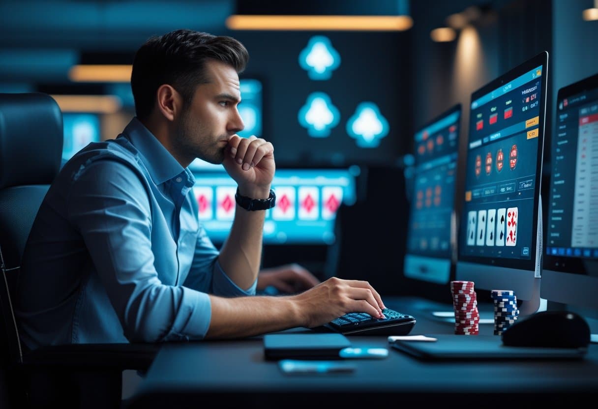 A focused person sitting at a desk with multiple computer screens showing online poker games, surrounded by poker chips and notes, concentrating on the game.