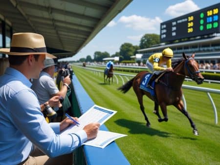A man in a hat marks a race program while watching summer horse racing from the stands. A jockey on horse number 5 races by on the grass track, with a scoreboard and other spectators visible in the background.