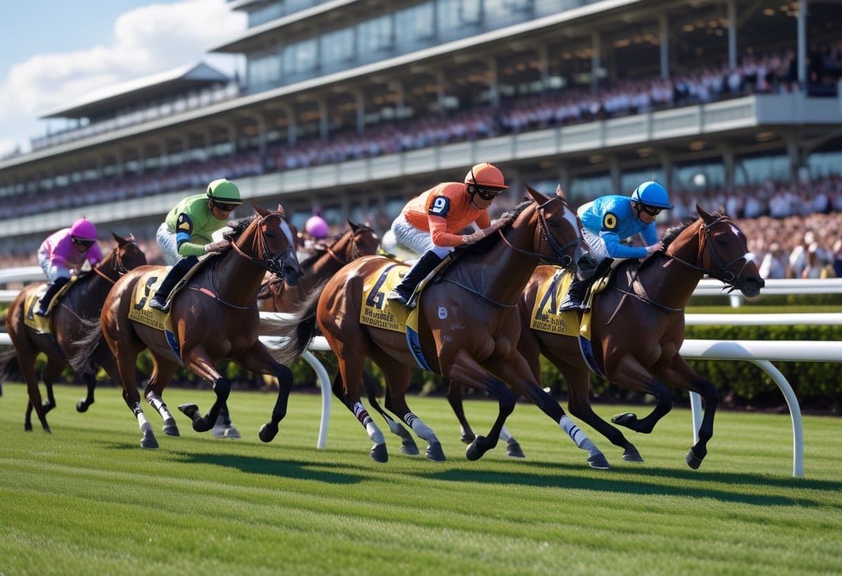 Several racehorses with jockeys racing on a sunny racetrack with spectators watching from the grandstand.