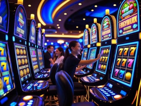 A woman smiles while playing a new slot machine in a brightly lit casino, surrounded by rows of colorful games and other people enjoying the latest casino game reviews on North American platforms.