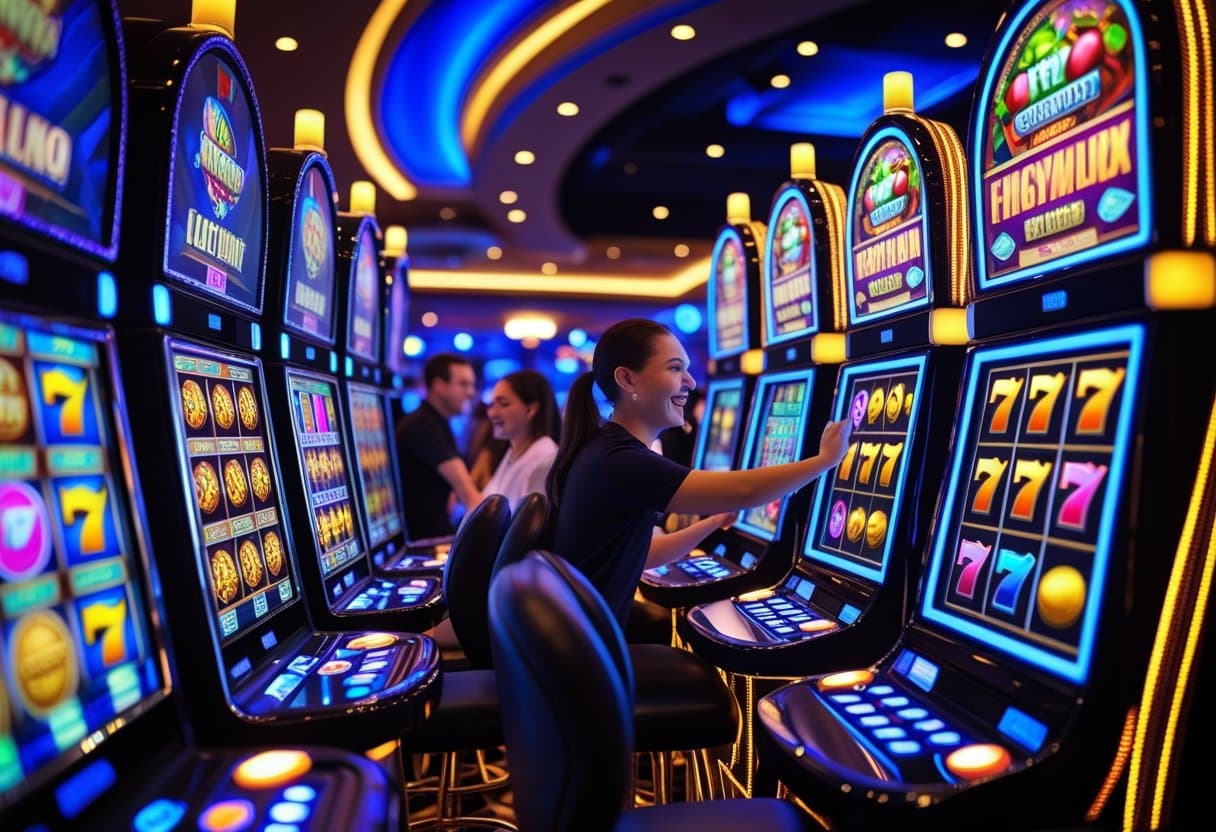 A casino interior with people playing colorful slot machines that have spinning reels and bright lights.