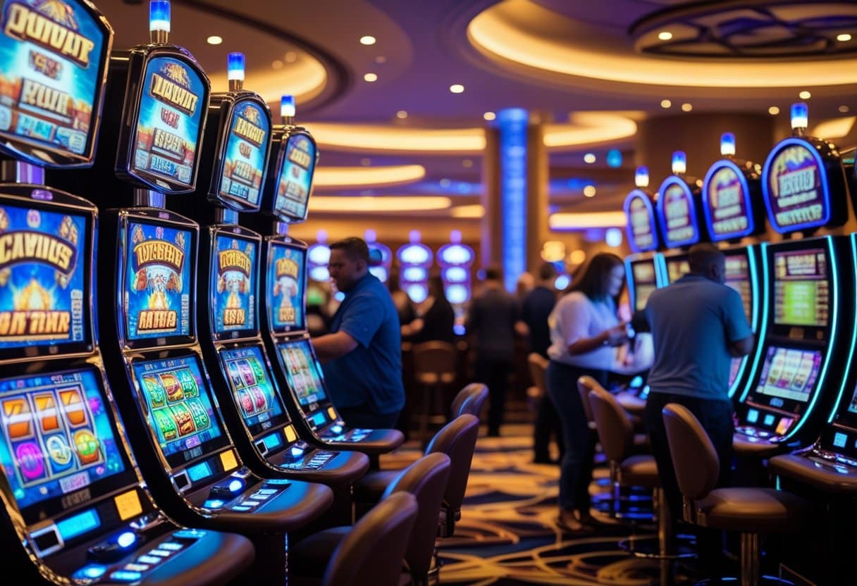 A casino floor with people playing and interacting with new, brightly lit slot machines.