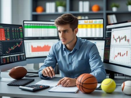 A man sits at a desk with multiple monitors displaying sports statistics and financial charts, seeking market inefficiencies for sports betting arbitrage. Sports balls, papers, a calculator, and a keyboard are scattered across the desk.