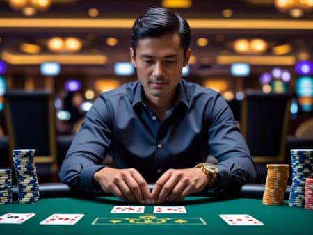 A man sits at a poker table in a casino, focused on his cards and the mental game, with stacks of poker chips before him. Blurred slot machines and lights glow in the background.