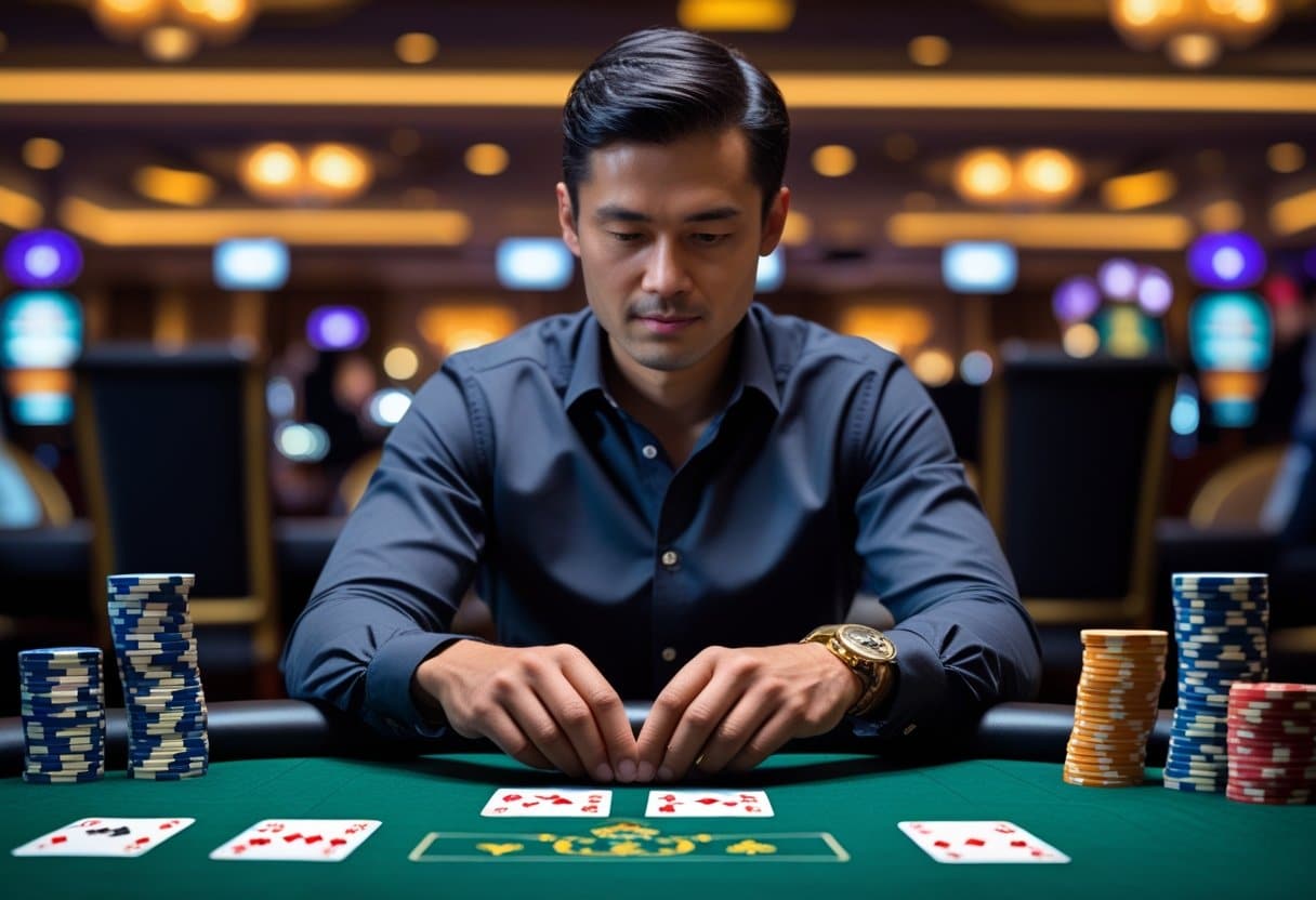 A focused poker player studying cards at a poker table with chips and cards, showing concentration and calmness.
