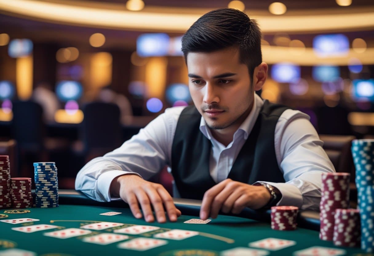 A poker player concentrating at a poker table with chips and cards, in a casino setting.