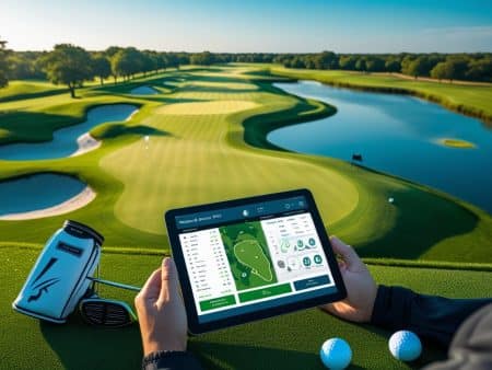 A person holds a tablet displaying course-specific strategies and maps on a lush, green golf course beside a water hazard. A golf bag and clubs sit nearby, with golf balls on the grass, under a clear blue sky.