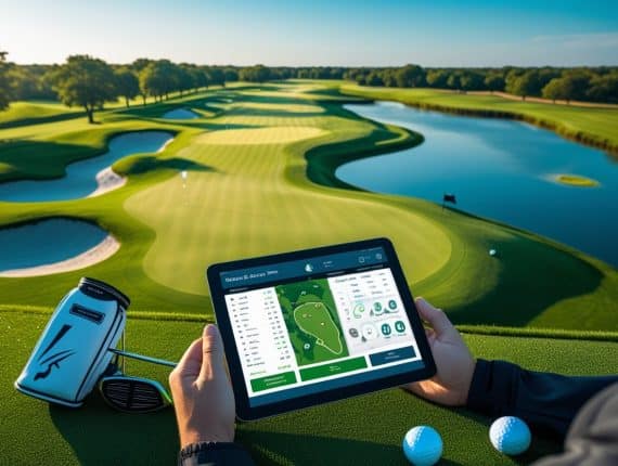 A person holds a tablet displaying course-specific strategies and maps on a lush, green golf course beside a water hazard. A golf bag and clubs sit nearby, with golf balls on the grass, under a clear blue sky.