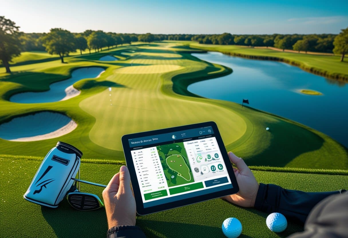 A golfer on a golf course looking at a digital tablet with golf clubs and a golf bag nearby.