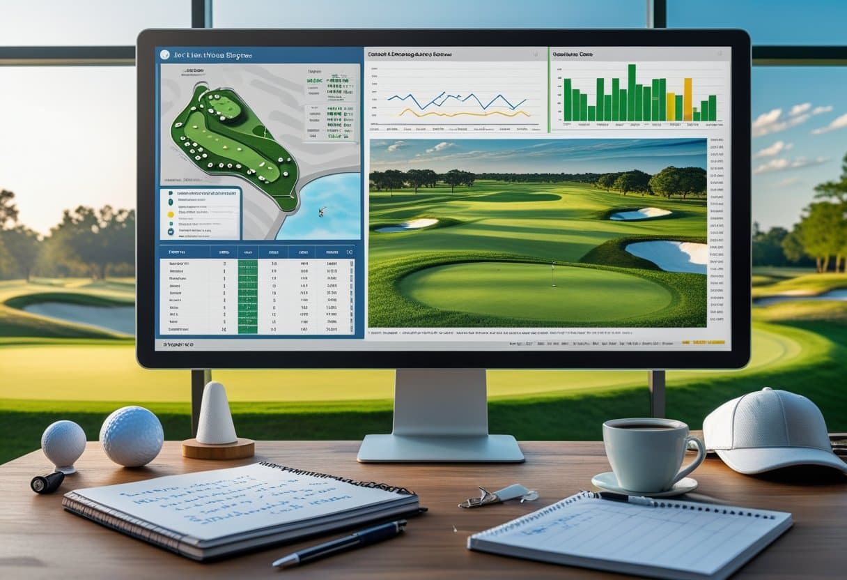 A workspace with a computer showing golf course maps and charts, golf equipment on the desk, and a view of a golf course through a window.