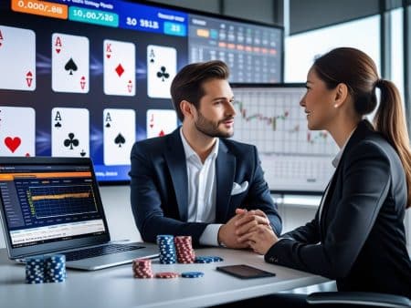 Two professionals in business attire sit at a desk with poker chips, a laptop displaying data, and playing cards. Large screens behind them show card hands and financial charts, highlighting skill transferability from poker to sports betting.