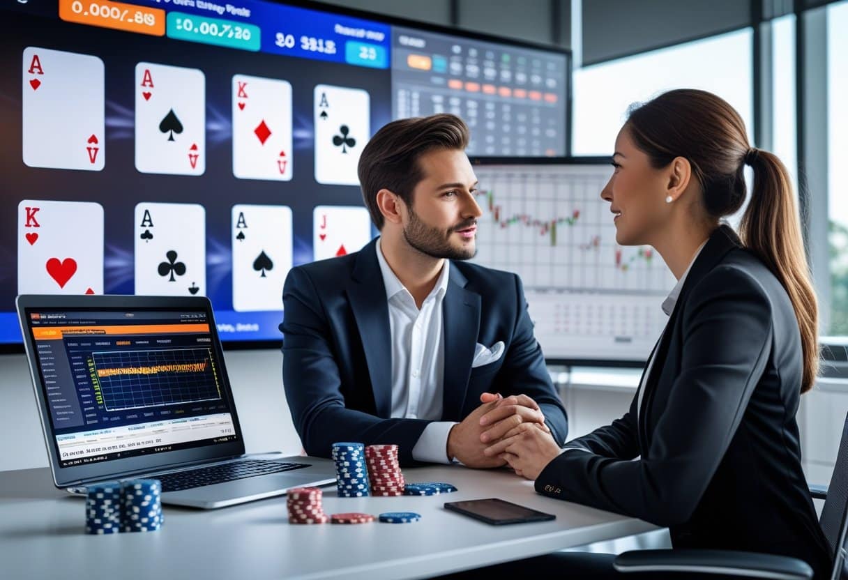 Two professionals in business attire sit at a desk with poker chips, a laptop displaying data, and playing cards. Large screens behind them show card hands and financial charts, highlighting skill transferability from poker to sports betting. - Poker Training Videos and Poker Coaching Two professionals at a desk with poker chips, playing cards, and a laptop showing sports betting odds, discussing strategy in a modern office.