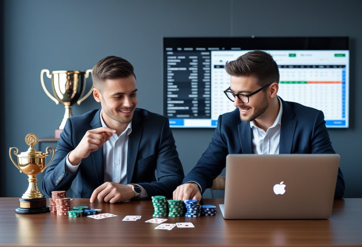 Two men in suits sit at a table with poker chips, playing cards, and a laptop. A trophy and a large digital screen with data hint at skill transferability between poker and competitive fields like sports betting. - Poker Training Videos and Poker Coaching Two people at a table with poker chips, playing cards, and a laptop showing sports betting odds, discussing and analyzing strategies.