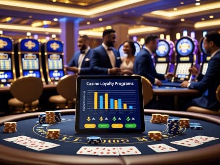 A casino scene with slot machines and people in formal wear at gaming tables, featuring a tablet on a poker table displaying a colorful bar graph labeled Casino Loyalty Programs: 2025 Guide to Maximizing Rewards.