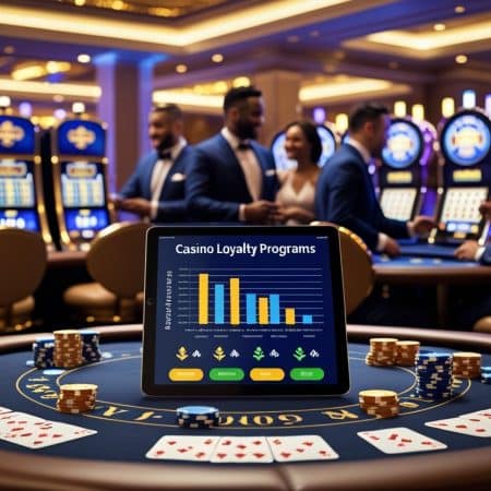 A casino scene with slot machines and people in formal wear at gaming tables, featuring a tablet on a poker table displaying a colorful bar graph labeled Casino Loyalty Programs: 2025 Guide to Maximizing Rewards.