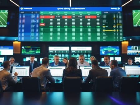 A group of people in business attire sit at desks with computers in a modern sports betting office, large digital screens displaying sports odds, line movement, and market shifts covering the walls.