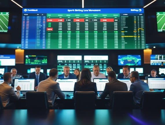 A group of people in business attire sit at desks with computers in a modern sports betting office, large digital screens displaying sports odds, line movement, and market shifts covering the walls.