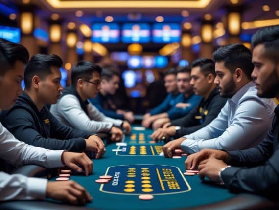 A group of men sit around a poker table in a brightly lit casino, focused on optimal play and poker cash game strategy, with chips and cards on the table. The background is filled with glowing screens and lights.
