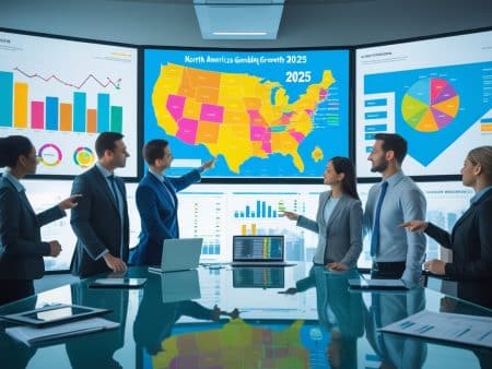 Six business professionals in formal attire discuss 2025 Trends in the North American Gambling Market, referencing charts, graphs, and a colorful U.S. map highlighting regional expansion and statistical data displayed on large screens.