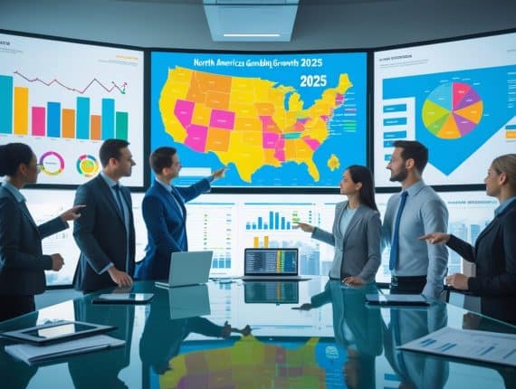 Six business professionals in formal attire discuss 2025 Trends in the North American Gambling Market, referencing charts, graphs, and a colorful U.S. map highlighting regional expansion and statistical data displayed on large screens.